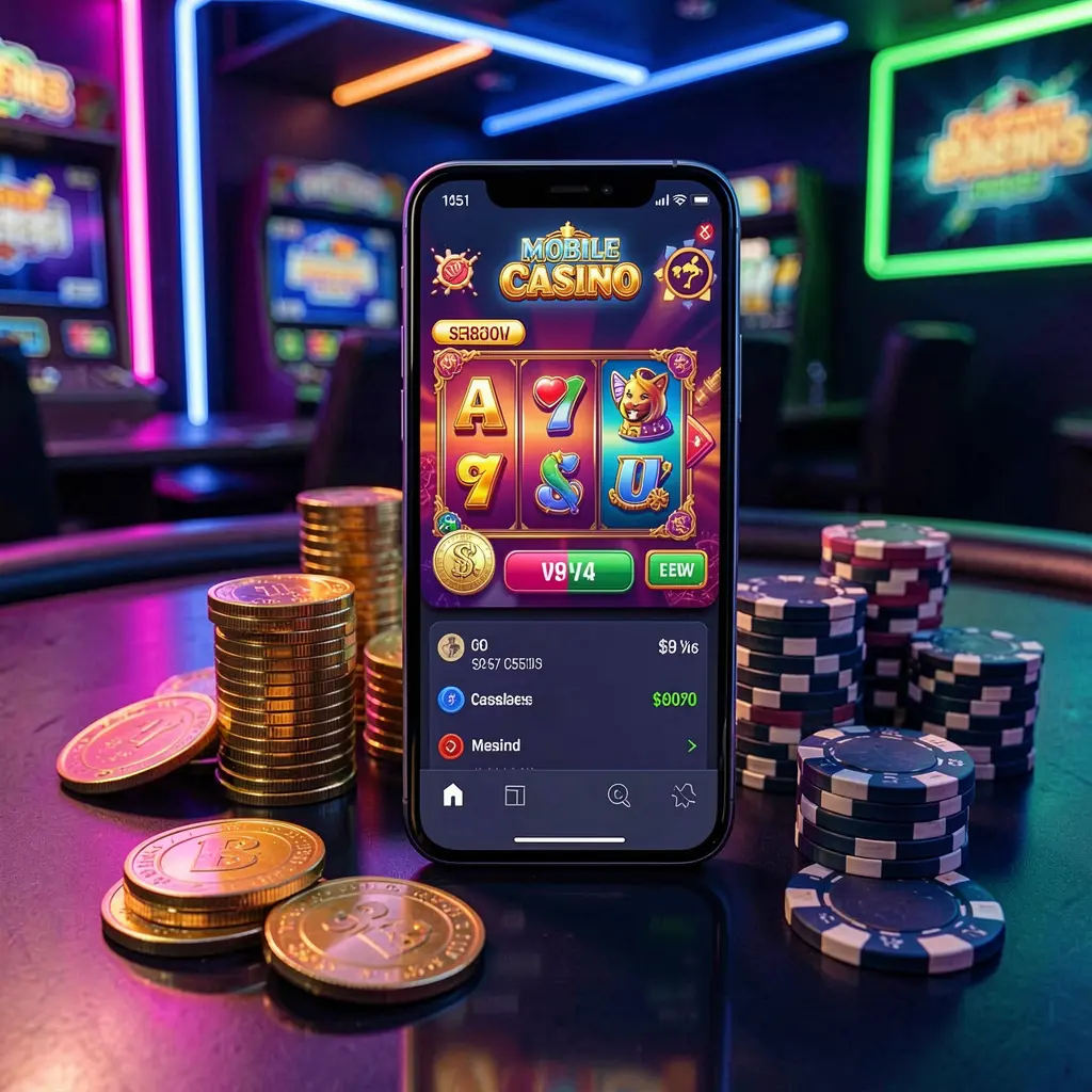 FB99 mobile casino dashboard on a smartphone displaying a colorful gaming interface with golden coins and poker chips on a glossy table under elegant neon lighting
