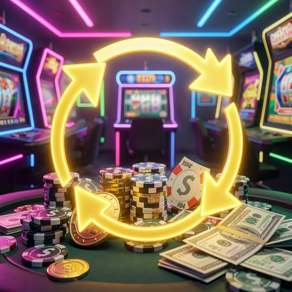 FB99 reload bonus casino image featuring glowing circular arrows around coins, chips, and cash with a modern neon casino background in high detail 3D render