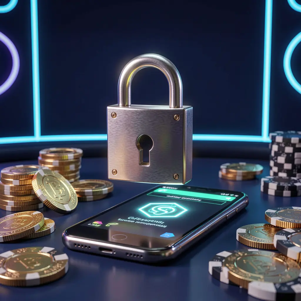 FB99 casino login security image showing a glowing padlock floating above a smartphone with golden coins and chips scattered around against a dark blue neon background