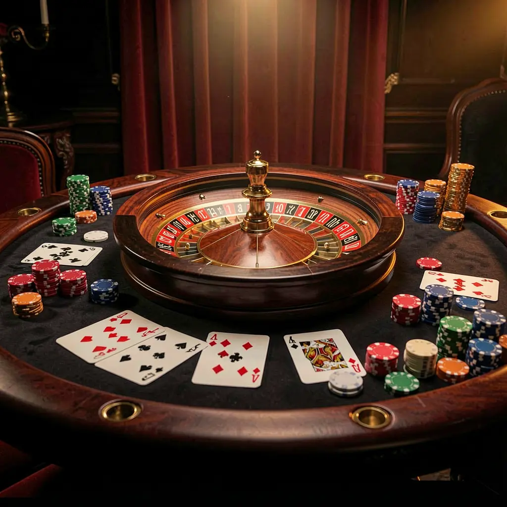 FB99 online casino platform hero image featuring an elegant gaming table with roulette wheel, blackjack cards, poker chips, and coins under luxury cinematic lighting with a black and red background